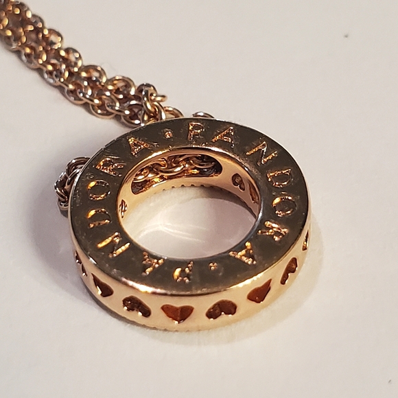 Authentic NEW Pandora Logo Pavé Circle Collier Necklace 14K RGP CZ - Picture 3 of 11